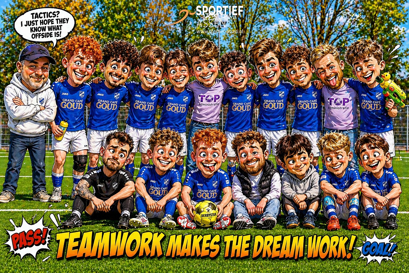 VV LEO 2 elftalfoto karikatuur - © Sportief Assen